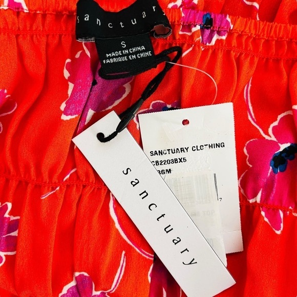 Sanctuary NWT Woven Satin 3/4 Puffed Sleeve Smocked Floral Print Red Crop Top S - Picture 7 of 10